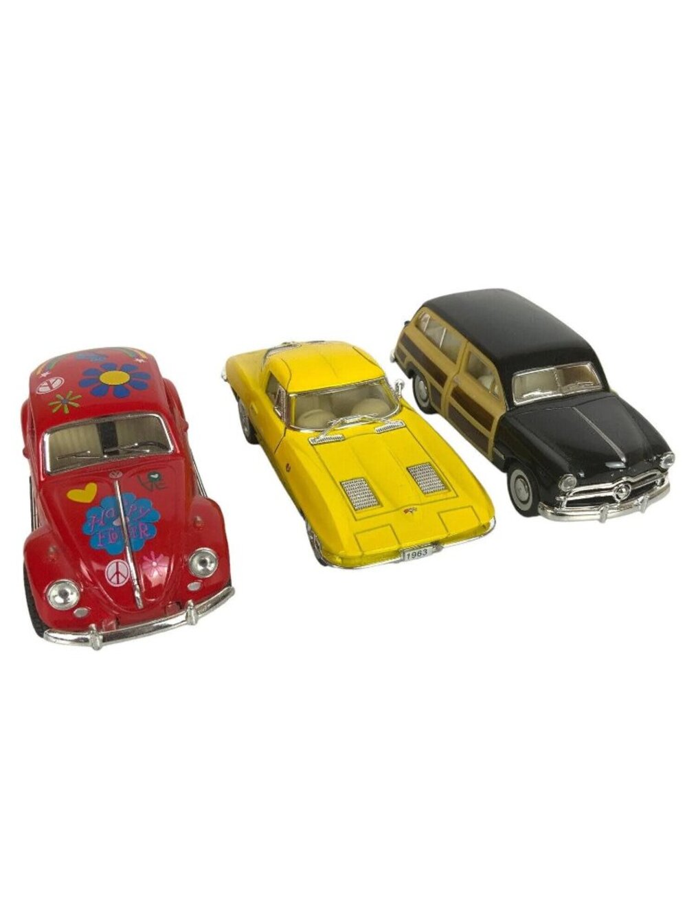 Kinsmart Diecast 3 Cars 63 Corvette Stingray 67 VW Beetle 49 Ford Woody Wagon